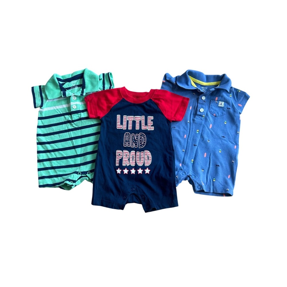 Carters Baby Boy Bundle of Three Short Sleeve Rompers Size 0-3 Months